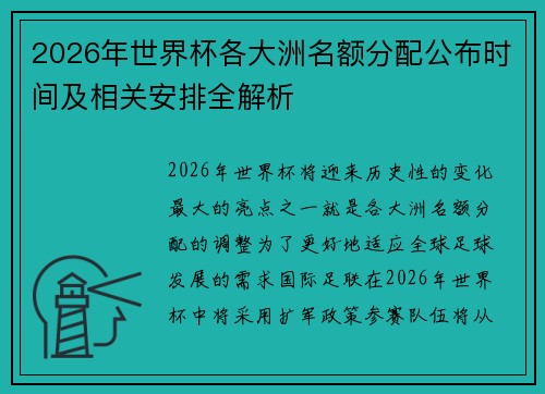 2026年世界杯各大洲名额分配公布时间及相关安排全解析